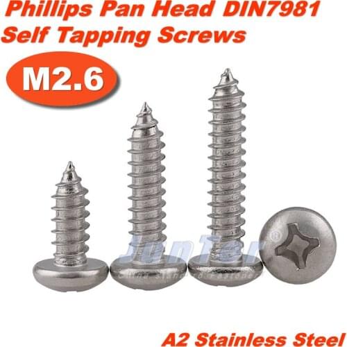 1000pcs/lot M2.6(2.6mm) DIN7981 A2 Stainless Steel Phillips Cross Recessed Pan Head Self Tapping Screws