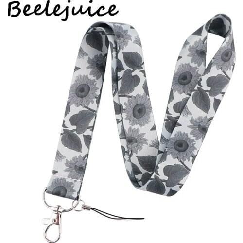 24pcs Grey Sunflower Flowers Lanyard Keys Phone Holder Funny Neck Strap Keyring ID Card DIY Animal webbings ribbons Hang Rope