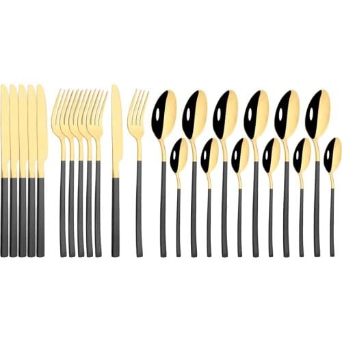 24Pcs Mirror Black Gold Western Dinnerware Set Stainless Steel Tableware Cutlery Set Fork Knife Spoon Flatware Silverware Set