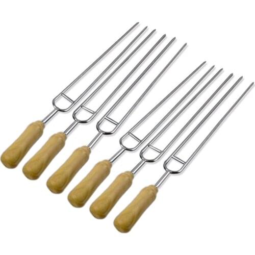 6pcs U-Shaped Stainless Steel Wooden Handle BBQ Skewers Barbecue Forks Shish Kebab Portable Outdoor Tableware Cutlery Kit