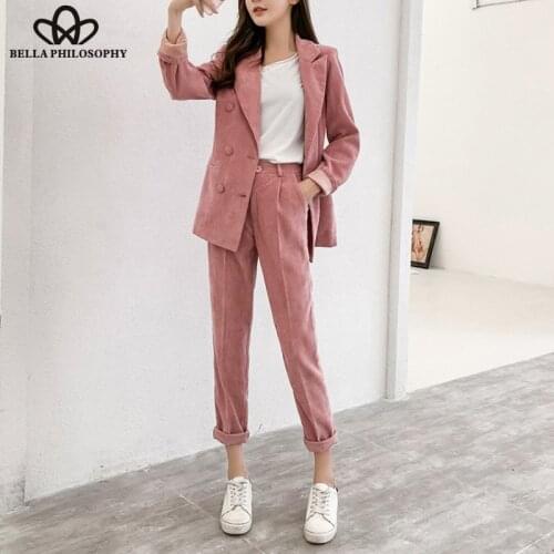 Bella Philosophy high street double breasted corduroy blazer pants warm jacket office lady long sleeve ladies coat ladies suits