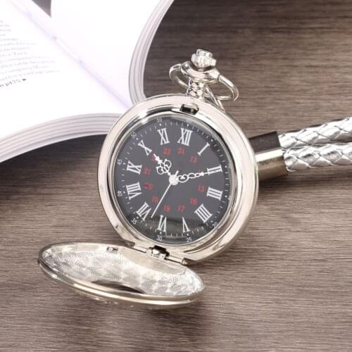 Vintage Leather Rope Chain Hollow Pendant Watches 2021 Black Silver Roman Numerals Quartz Pocket Watch Clock Men Women Gifts