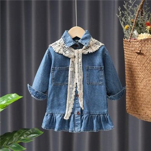 Denim Girls Dress Princess Party Vestidos Children Long Sleeve Clothes Lace Kids Dresses for Girls Spring Infant Clothing 12M-8Y