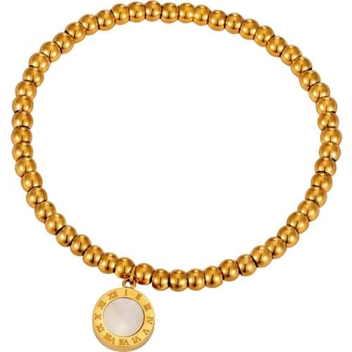 Fashion Mens Black/White Shell Roman Numerals Stainless Steel Round Beads Bracelets High Polished Bangles For Women Jewelry Gift