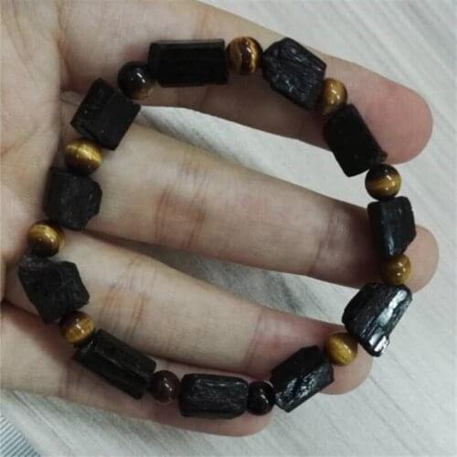 Natutal Raw Rough Black Tourmaline With 6Mm Round Hematite Brown Tiger Eye Hamsa Metal Charms Beaded Bracelets Gift Unisex
