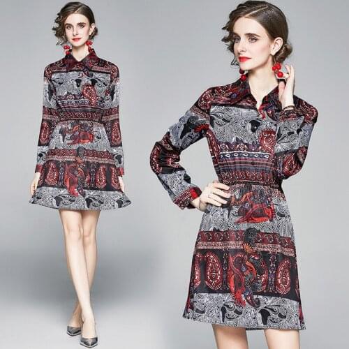 New Fashion Korean Big Shirt Dress Vintage Floral Printed Ethnic Style Harajuku Dress Women Office Ladies Tunic Slim Mini Dress