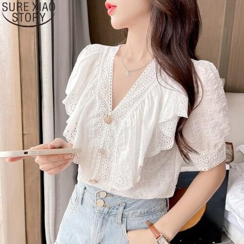 New Sweet Lace Shirt 2021 Summer Fashion Women White Blouse Cotton Button Up Shirt Women Tops Short Sleeve Ruffles Clothes 14197