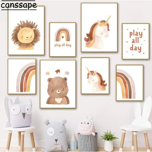 Nordic Wall Art Print Lion Bear Posters Rainbow Painting Unicorn Poster Nursery Wall Paintings Baby Kids Bedroom Decoration