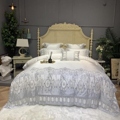 Luxury European style Long Staple Cotton Lace Embroidery White Bedding Set Duvit Cover Bed Sheet Pillowcase King Queen 4/6/8 Pcs