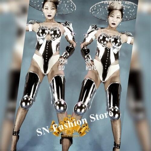 K43 Silver mirror led light costumes robot wears stage performance catwalk dress bodysuit prom armor clothe rivets outfit club