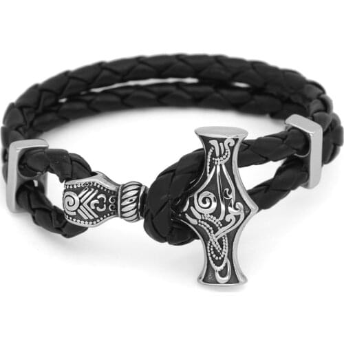 Nordic Viking Men Stainless Steel Leather Bracelet mjolnir Hammer Bangle with valknut gift bag