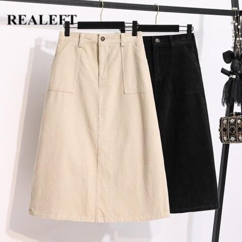 REALEFT 2020 Autumn Corduroy A-line Skirts Women Korean Style High Waist Pockets Ladies Zipper Slim Plus Size Midi Skirts Female