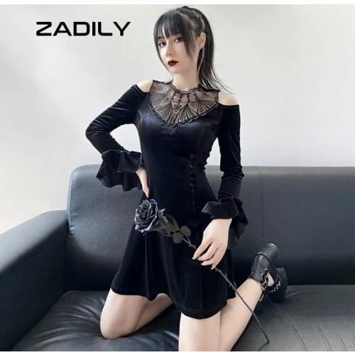 Zadily 2021 Autumn Women Dress Lace Long Sleeve High Waist Hollow Out Black Lolita Mini Dresses Fashion Female Clothing