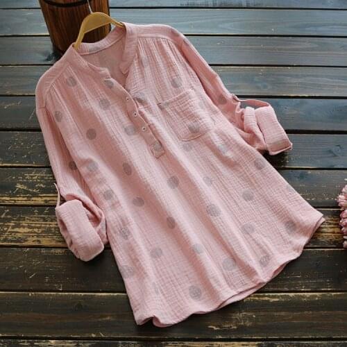 5695 Spring Women Shirt Japan Style Mori Girl V-Neck Long Sleeve Cotton Polka Dot Printing Pullover Shirt Top Women