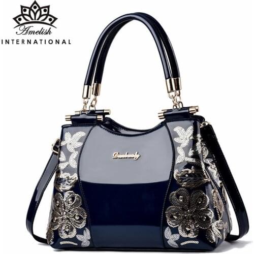 AMELISH High Quality Patent Leather Bags for Women Large Capacity Female Party Flower Embroidery Shoulder Handbag Brand Totes