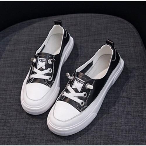 2020 Genuine Leather Women Sneakers fashion Breathable Lace-Up Casual Sports Shoes Summer Flat Black woman vulcanize shoes