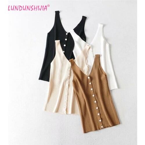 LUNDUNSHIJIA 2020 New Arrival Spring Summer Fashion Double V-neck Ribbed Knitting Vest Women Sleeveless Single-breasted Vests