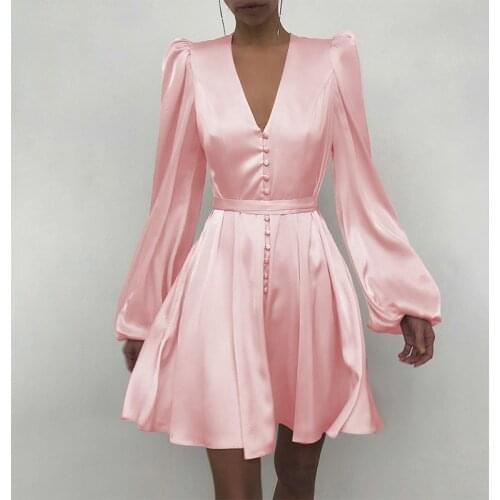 Satin Womens Mini Dress V-Neck Long Lantern Sleeve Tight Waist A-Line Dresses Nice Summer Elegant Office Lady Print Vestidos