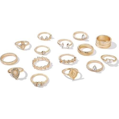 15pcs/set Rings Diamond Flower Ring Retro Carved Open Joint Ring Set Voor Vrouwen Hart Fatima Handen Anillos Cross