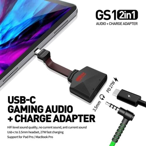 GS1 2 in 1 Type-C to 3.5mm 27W Audio Jack Fast Charger HiFi Mobile Phone Game Sound Card Adapter with MacBook Pro/iPad Pro