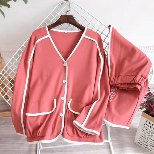 2021 Japanese new spring and autumn ladies v-neck cotton suit simple long-sleeved knitted pajamas home service autumn and winter