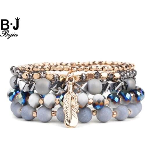 5 Pcs/Set Bohemian Womens Gold Leaf Charm Bracelets Ladies Jewelry Glass Beads Faceted Crystal Copper Nugget Bracelets BCSET273