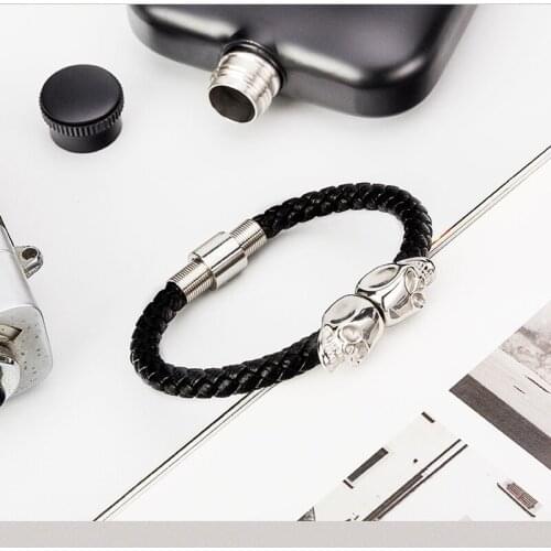 BC Fashion 6mm width Black Geniune Leather Gold Stainless Steel Twin North Skull Northskull Bracelet Bangle for Men Gift Watch