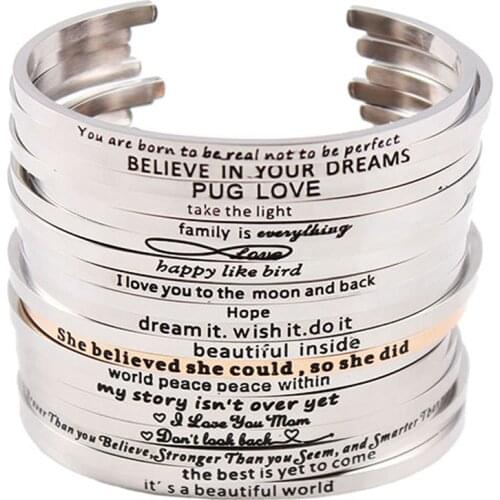 Stainless Steel Mantra Bracelet Positive Inspirational Quote Handmade Cuff Engraved Bangle Bracelet For Women Best Gift