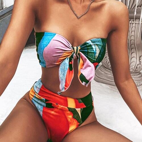Brazilian Bikini 2021 Summer Youth New Fashion Knot Swimwear Color Block Printed High Waist Swimwear Sexy Swimwear Beachwear
