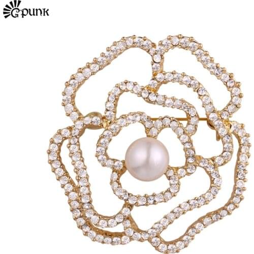 Crystal flower brooch with synthetic pearl brooches for scarf dresses B2733G