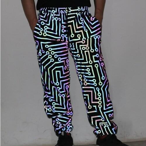 Hip-hop Geometric Printed Cargo Pants Colorful Reflective Casual Pants for men and women Europen Streetwear Loose Plus Size 3XL