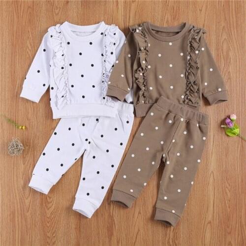 Free Shipping 0-24M Autumn Baby Girls Boys Clothes Sets Polka Dot Print Ruffles Long Sleeve Pullover Tops Trousers Pants Set