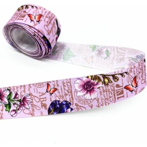 25mm wide High Quality Printed Flower Ribbon Polyester Satin Ribbon Gift Wrapping Wedding Decoration Hair Bows DIY # RoLi