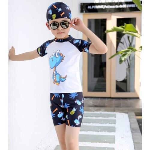 Fashion Boys Swimsuit Kids Cartoon Print Swim Trunks + Swimsuit + Swimming Cap Three-piece Swimwear Suits v