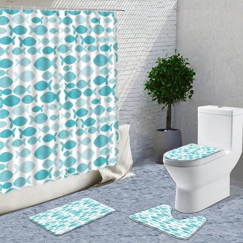Cartoon Hand Painted Fish Shower Curtain Set Bath Curtains Set Non-Slip Carpet Set Toilet Lid Cover Bathroom Things For Home