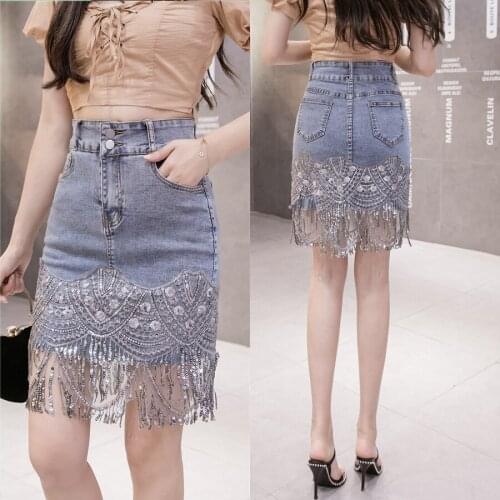 New Summer Denim Overskirt Ultra-Stretch Sequin Tassled High-Waist Slim-Fit Womens Bag Hip Skirt