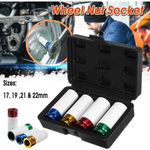 New 4Pcs 1/2" DR Tire Protection Sleeve Wall Deep Impact Nut Socket Alloy Wheel 17mm 19mm 21mm 22mm Deep Impact Nut Socket Set