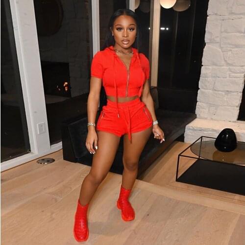 Solid Tracksuit Women Casual Sportswear Fitness Short Sleeve Zipper Hooded Crop Top + Drawstring Shorts Pants Suit Two Piece Set