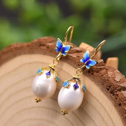 Original Cloisonne Butterfly Drop Earrings Natural Freshwater Pearl Hook Handmade Women Fashion Jewelry for Wedding Party Gifts