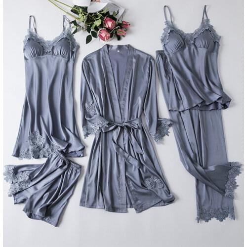 Sleepwear Female Pajamas Set Satin Pyjamamas Lace Patchwork Bridal Wedding Nightwear Rayon Home Wear Nighty&Robe Sleep Suit