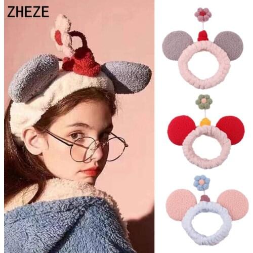 2021 New Cartoon Coral Fleece Flower Hairbands For Women Girls Hair Bands Turban Hair Accessories Mouse Ears Wash Face Headband
