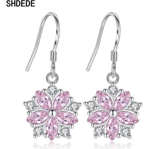 SHDEDE Cute Romantic Pink Stone Flower Shape 925 Silver Hanging Drop Earrings Cubic Zirconia For Women Party Eardrop -WH269