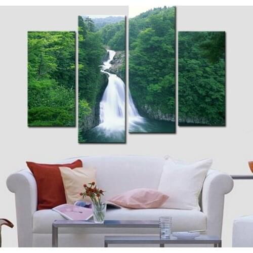 Green Forest Waterfall 4 Piece Modern Giclee Canvas Prints Artwork Landscape Tree Oil Paintings Reproduction Pictures On Canvas