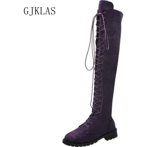 Size 43 Over The Knee Platform Boots Femme Flats Fashion Round Toe Womens Spring Shoes Black Knee High Lace Up Boots Suede