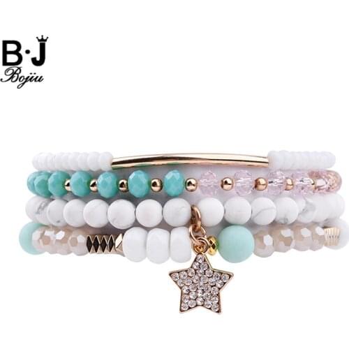 BOJIU 4 Pcs/Set Boho White Pink Crystal Bead Bracelets Women Howlite Stone Crystal Gold Tube Zircon Star Charm Bracelet BCSET205