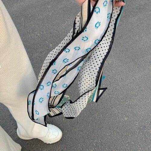 Luna&Dolphin Fashion Women Small Chiffon Long Scarf 100x6cm Spring Smile Dot Striped Skinny Headband Bag Ribbon Choker Streamer