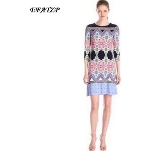 2016 summer New Arrival Elastic Dress Ladies' Plus size XXL Elegant Colorful Geometry Print 3/4 sleeve Stretch Day Dress