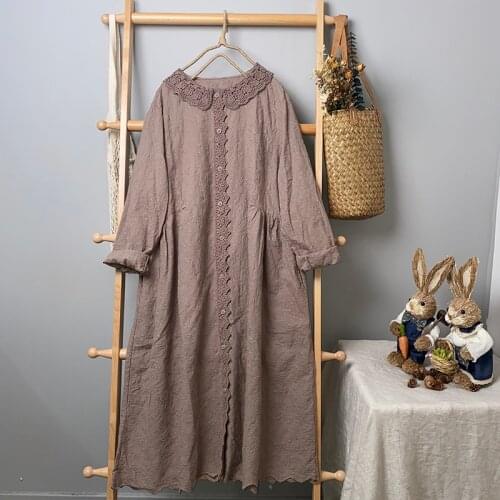 2021 Early Autumn Japan Style Mori Girl Literature Embroidery Lace Cotton Dress Loose Long Sleeve Women Long Dress