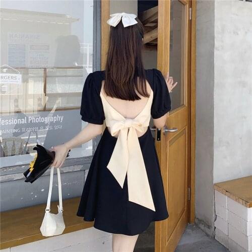 Sexy Backless Vintage Dress Women 2021 Black Slim Design Summer Dress Femme Puff Sleeve Wedding Party Korean One-piece Dress Y2k