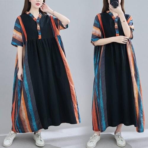 Cotton Linen Oversize Plus Size Vintage Stripe For Women Casual Loose Long Summer Dress Elegant Clothes 2021 Ladies Dresses